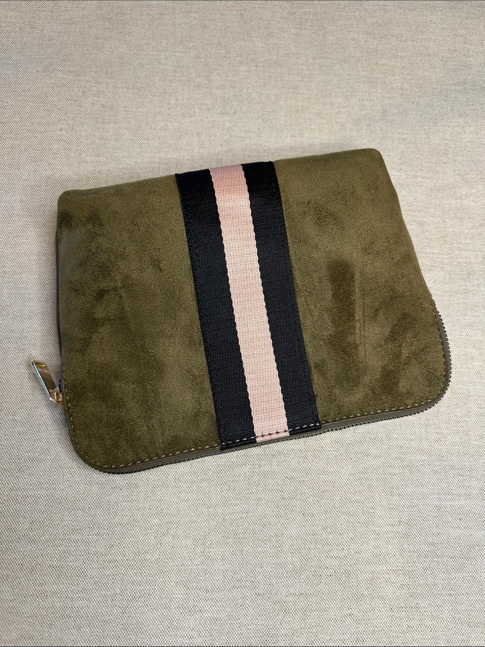 Olive Suede Tote with Black and Pink Center Stripe - Picture 8 of 12